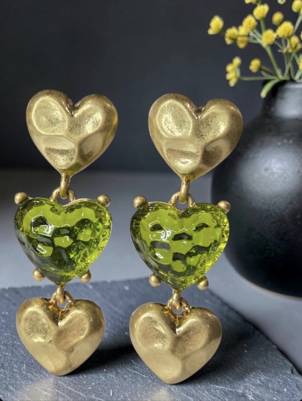 Matte Gold Plated Hammered Triple Molten Olive Lucite Heart Dangle Earrings